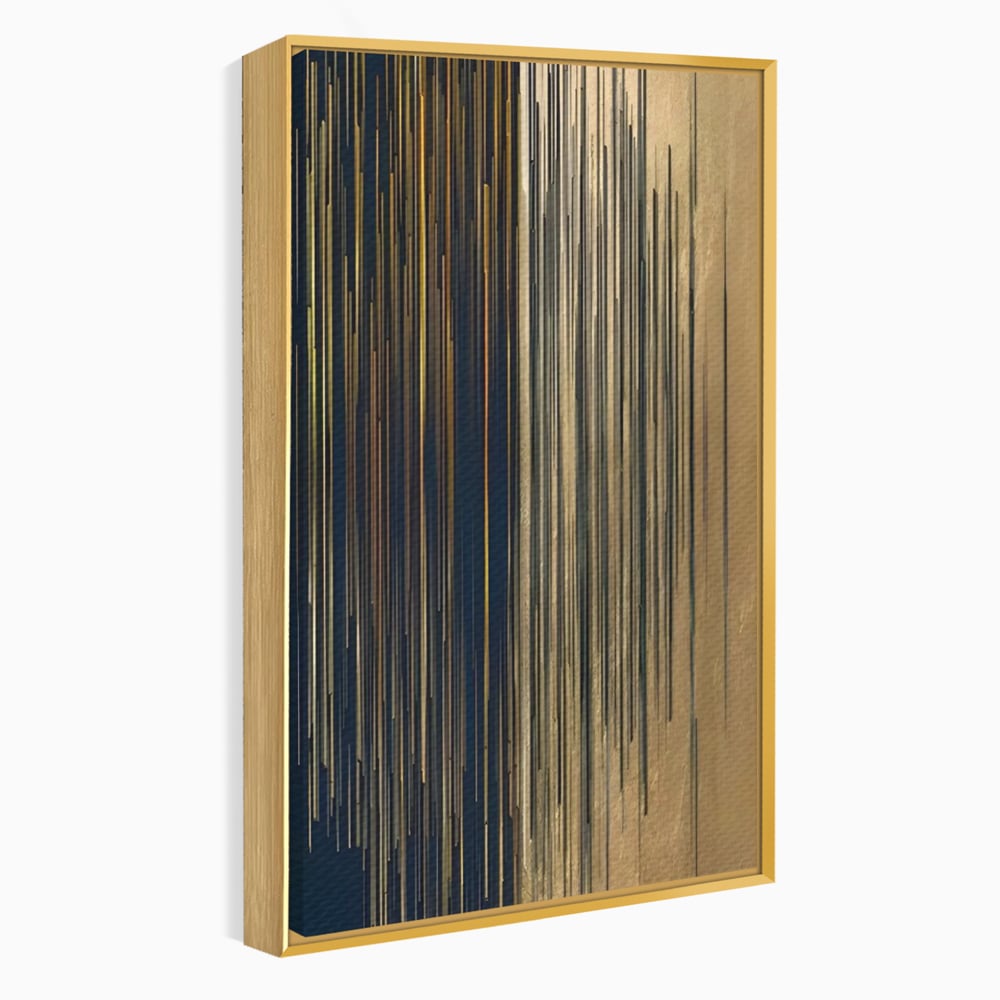 Tablou canvas cu tablou abstract cu dungi verticale aurii si negre, in rama de aluminiu auriu